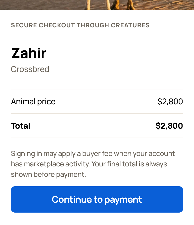 Secure checkout through Creatures for Zahir, showing the animal price and total of $2,800 above a Continue to payment button