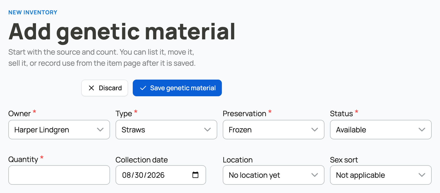 Owner, material type, preservation, and quantity on the add form
