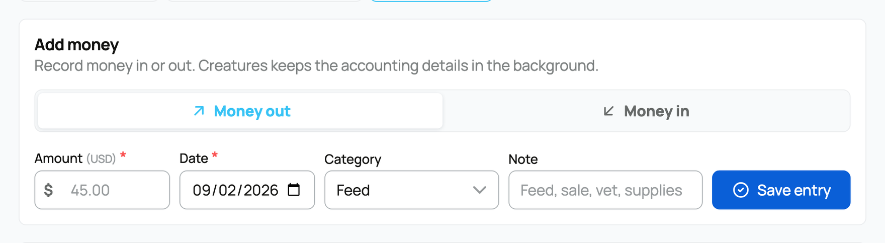 Add money form with Money out selected and the amount, date, category, and note fields