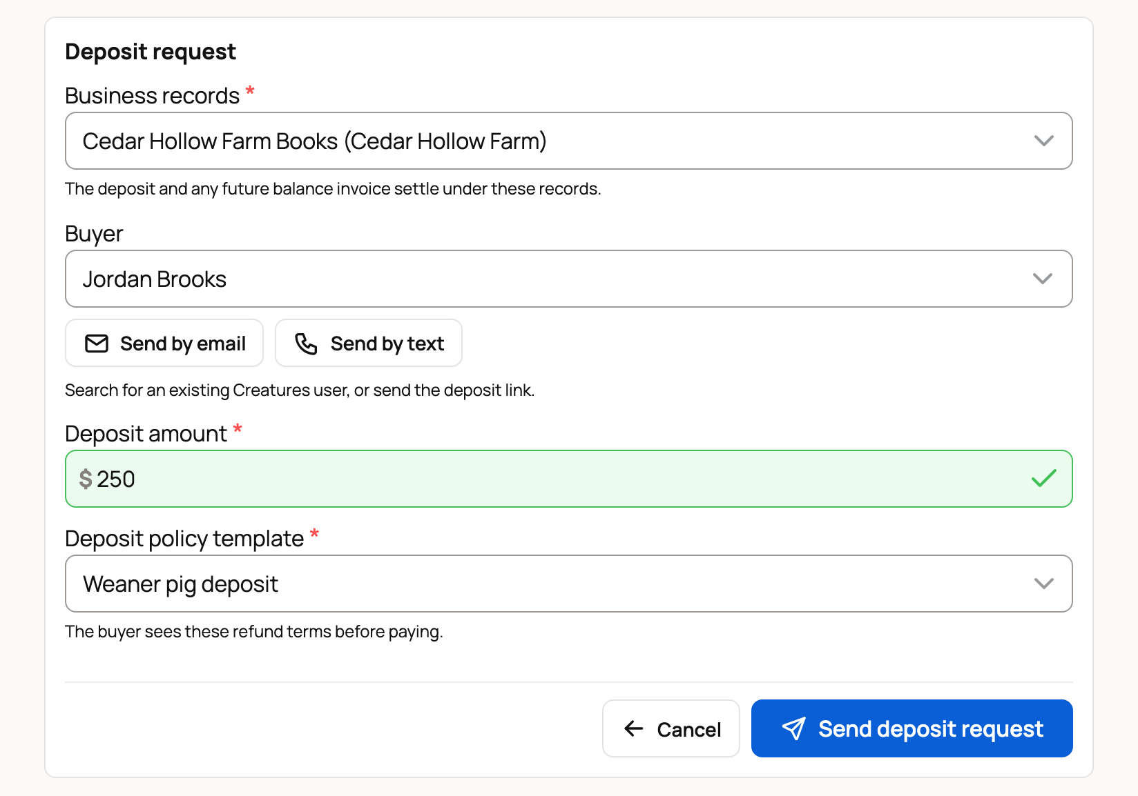 Deposit request for Jordan Brooks: $250 with the Weaner pig deposit policy
