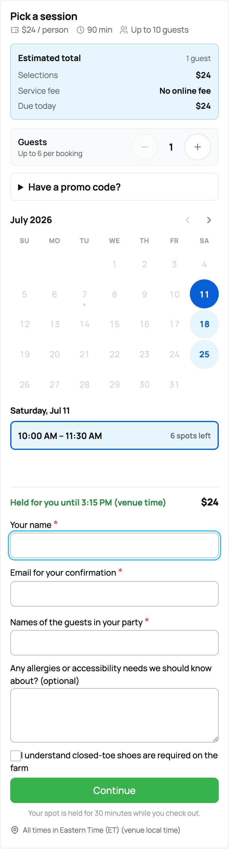 Guest checkout: your details, the provider's questions, and the price