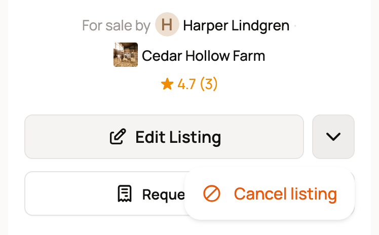 Edit Listing button with the menu open on Cancel listing
