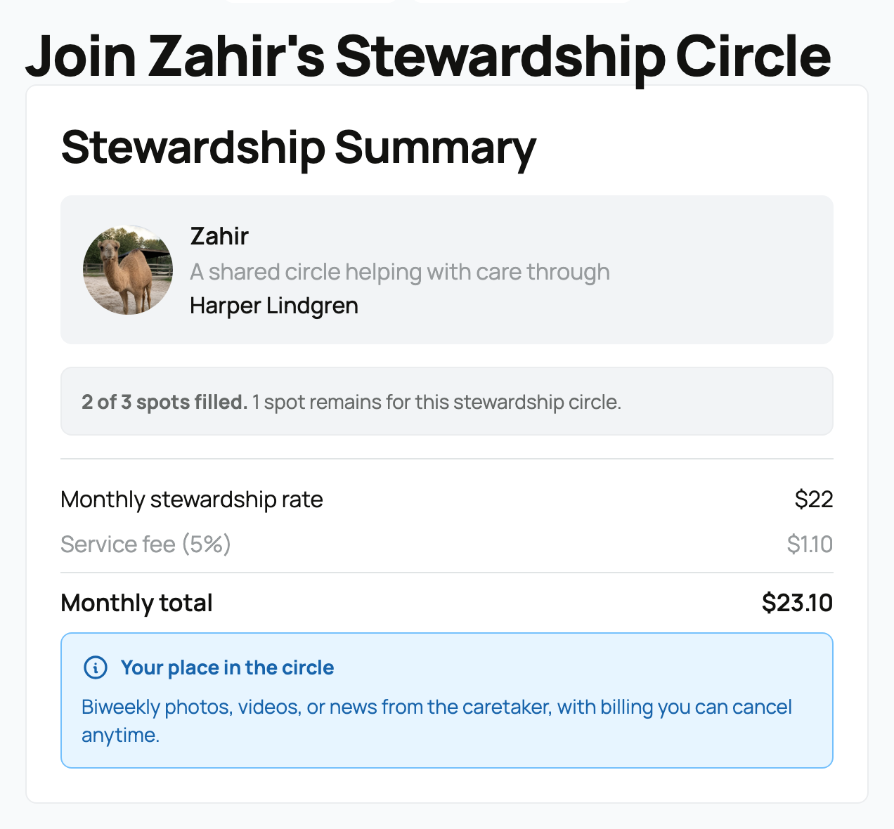 A checkout summary with the rate, service fee, and monthly total