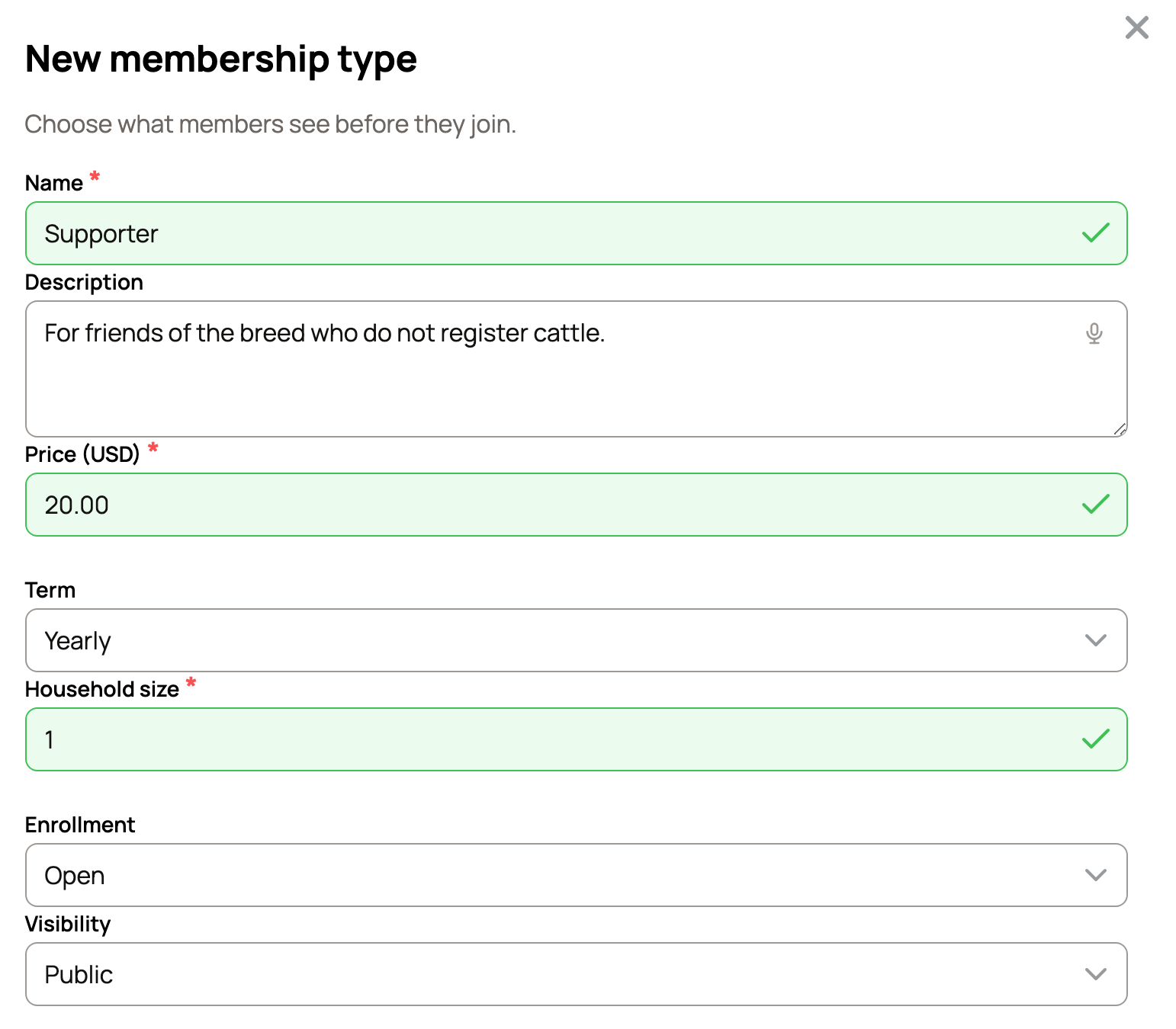 New membership type with price, term, enrollment and visibility filled in
