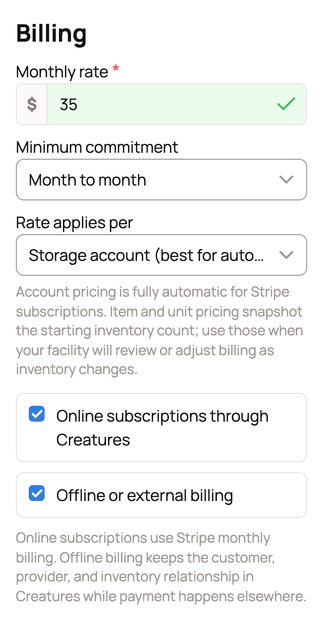 Storage service billing with a $35 monthly rate, Minimum commitment, Rate applies per storage account and both billing choices turned on