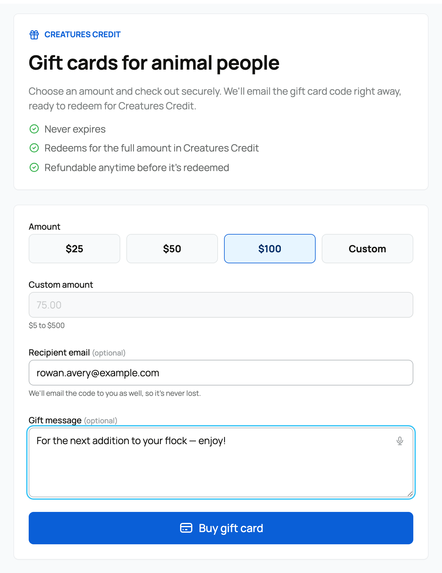 Gift-card purchase form with amount, recipient email, and message