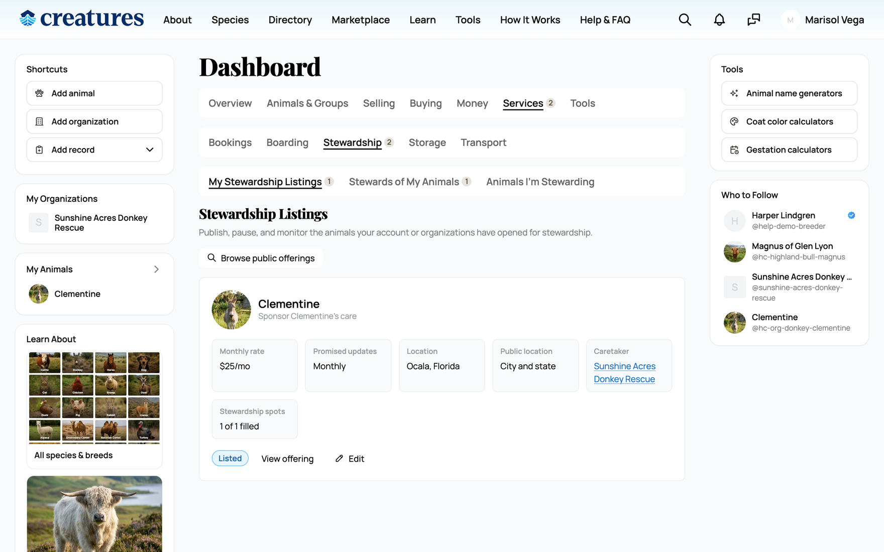 The caretaker offerings dashboard