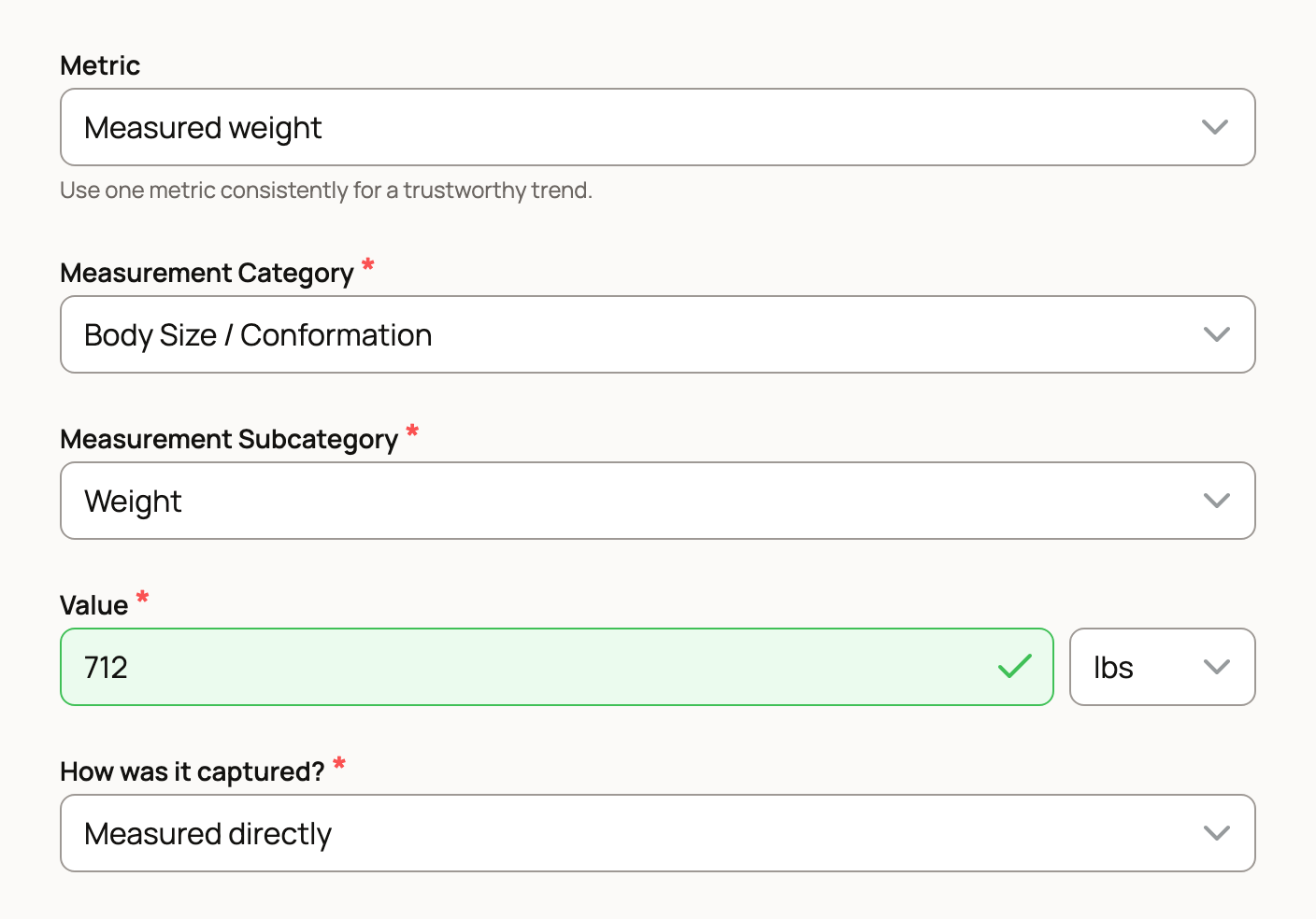 Physical Measurement form with Measured weight, a value of 712 lbs and Measured directly