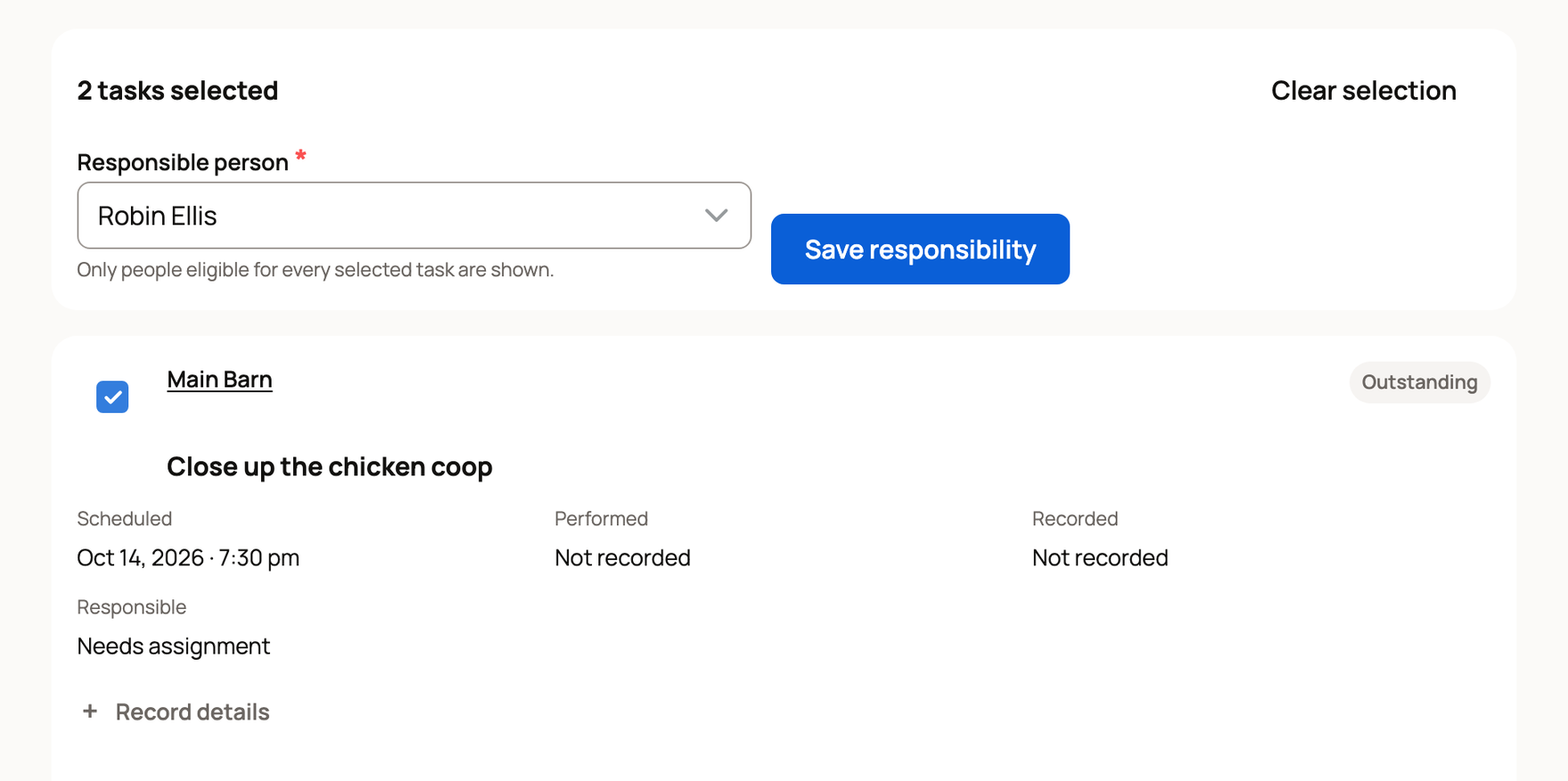 Assign with two barn chores selected and Robin Ellis chosen as the responsible person