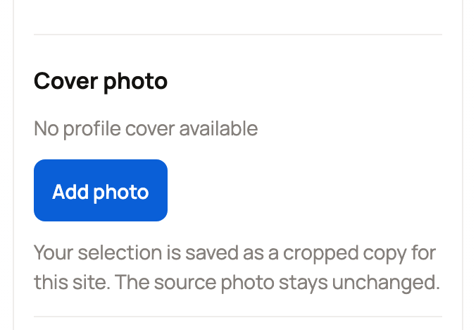 Cover photo control in the Big welcome photo settings, with Add photo and a note that the photo is saved as a cropped copy