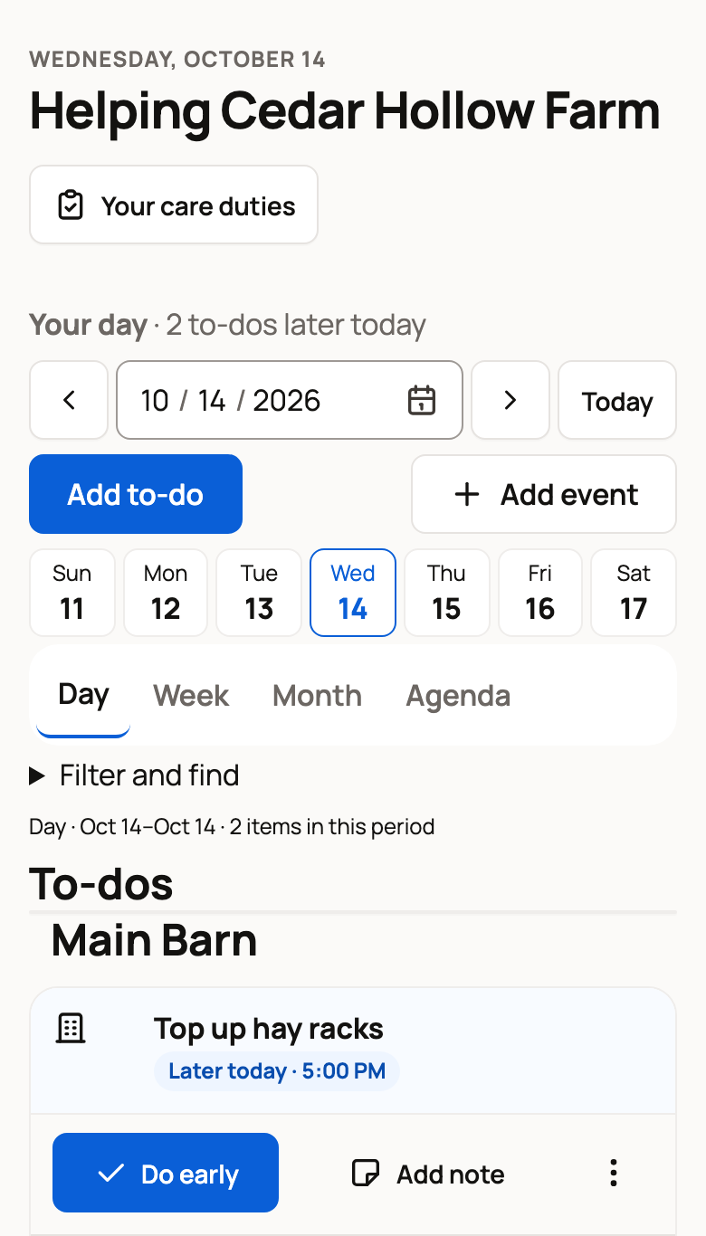 A Care Helper's Today page headed Helping Cedar Hollow Farm with a Main Barn chore, Do early and Add note