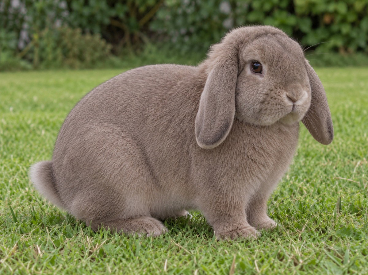 Lilac Holland Lop on a plain domestic garden lawn.