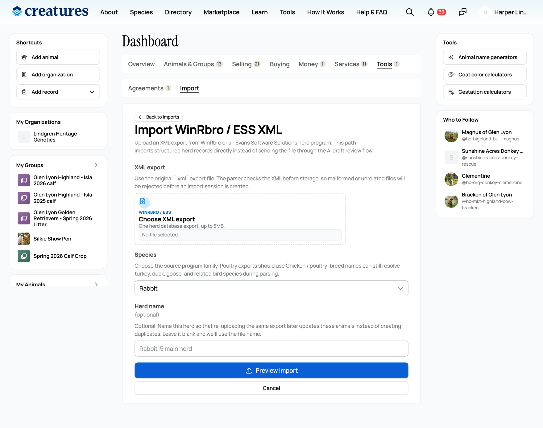 The winrbro upload form: the XML file, the species dropdown, and the herd name