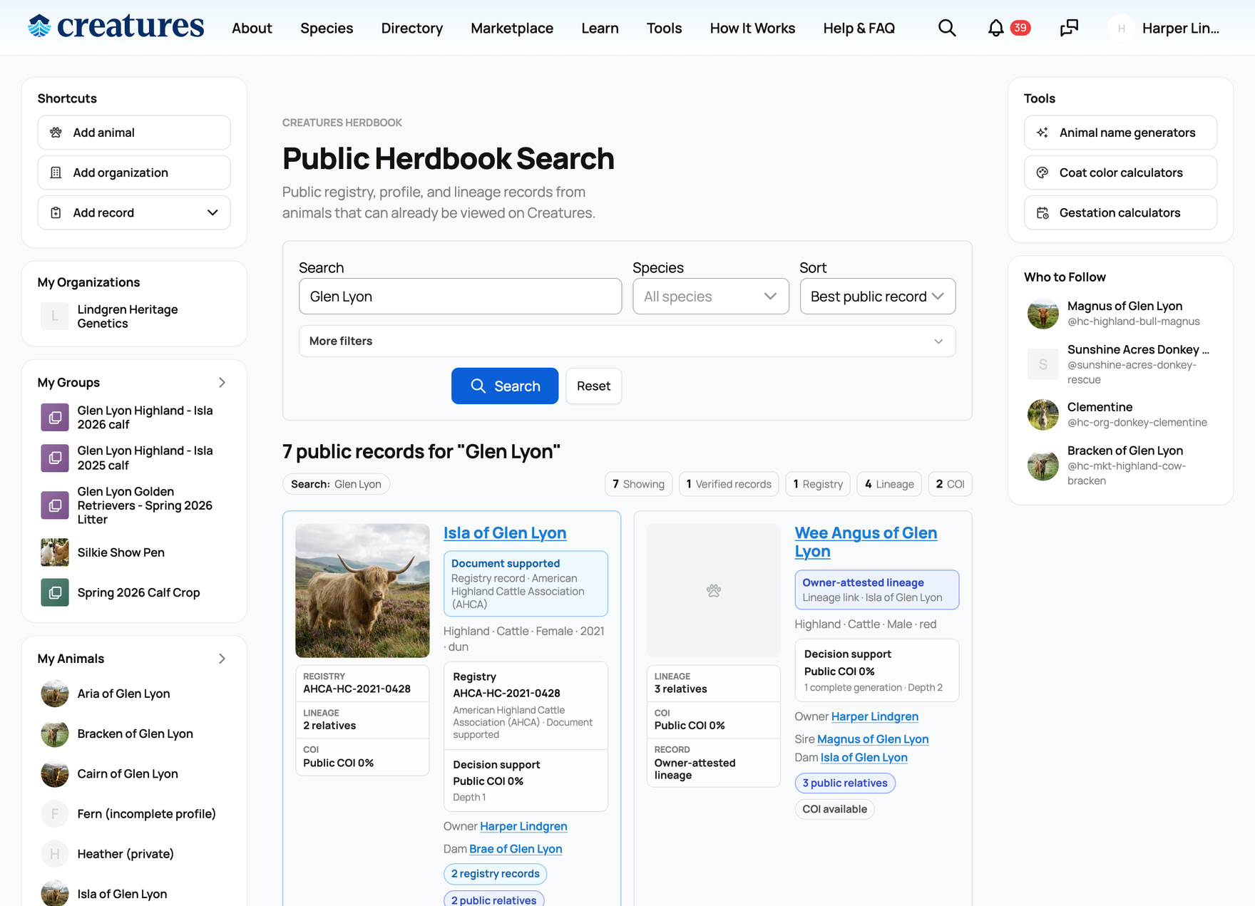 The public herdbook results