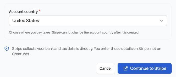 Account country warning, privacy note, and Continue to Stripe action