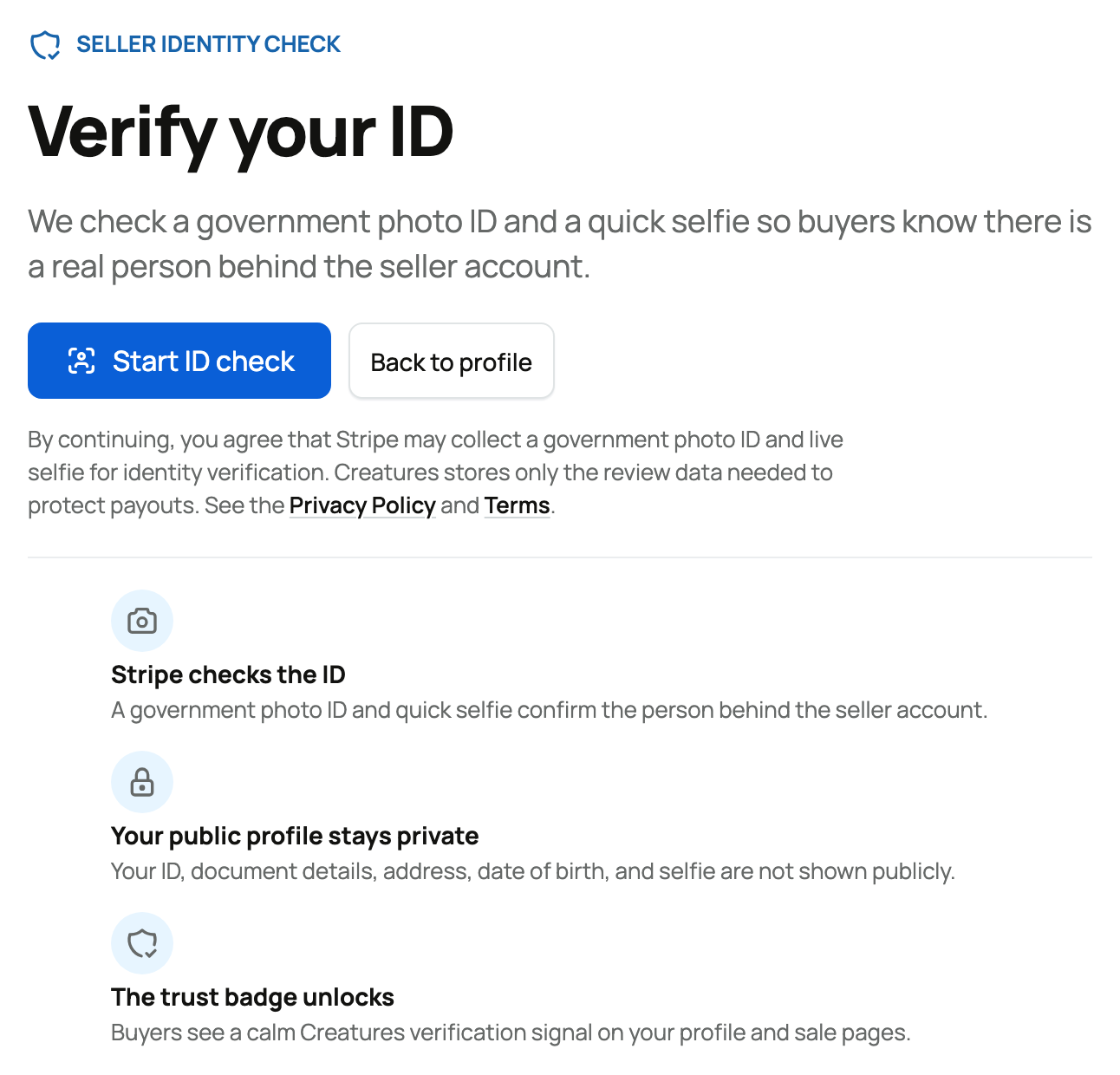 Verify your ID page with Start ID check and privacy guidance