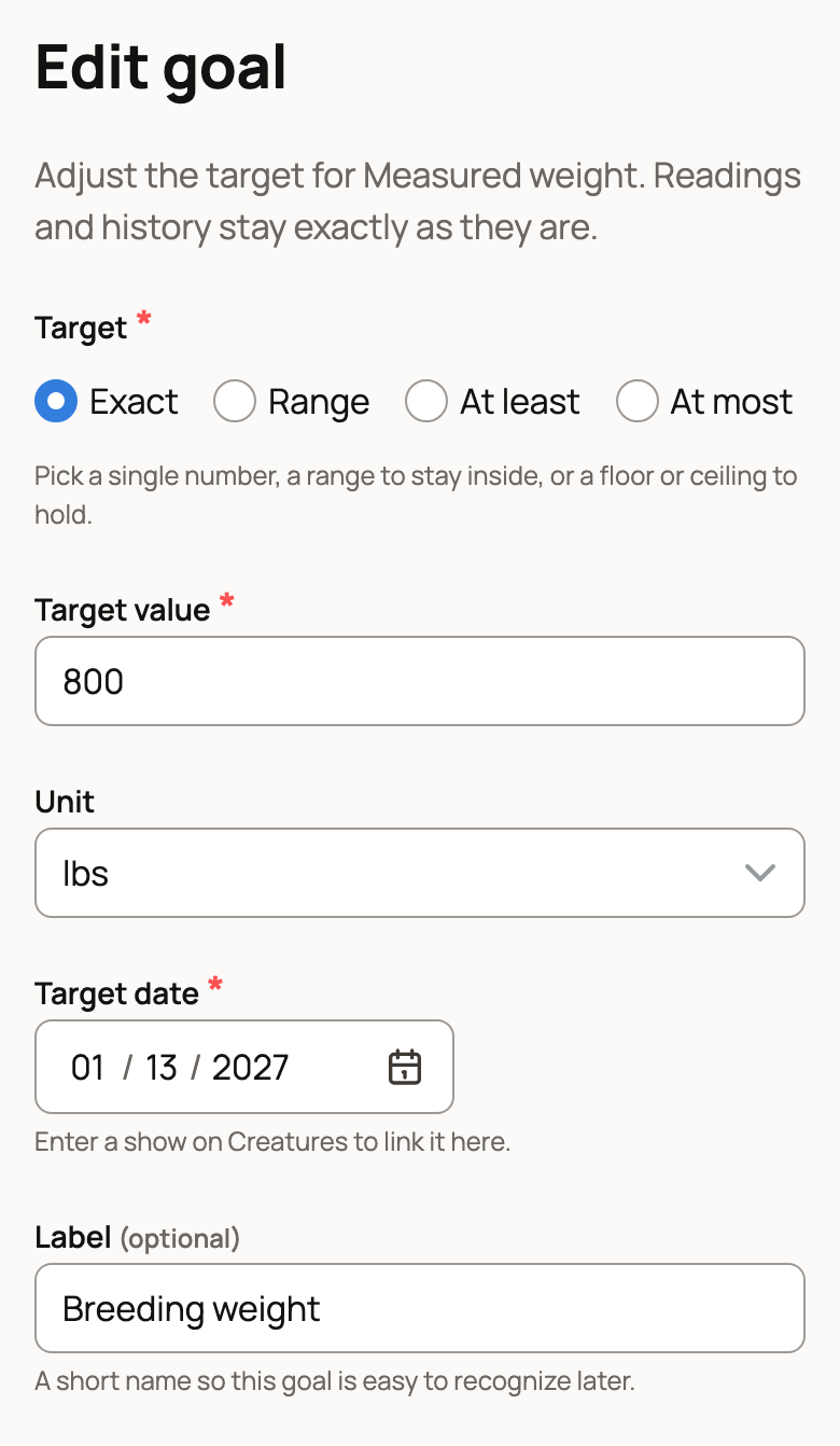 Edit goal for Measured weight with an exact target of 800 lbs, a target date and the label Breeding weight