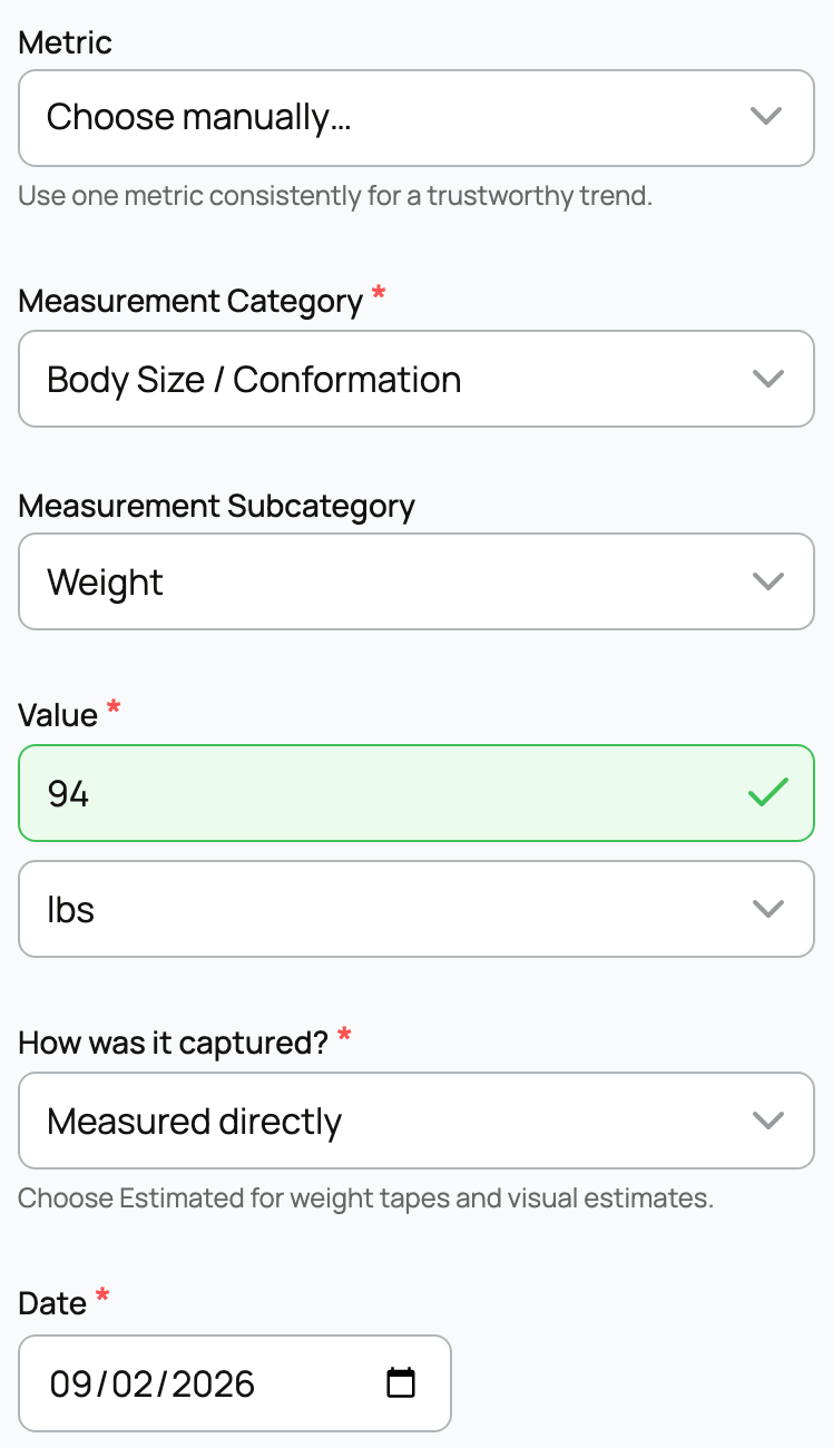 A measurement with its type, value, unit, and date