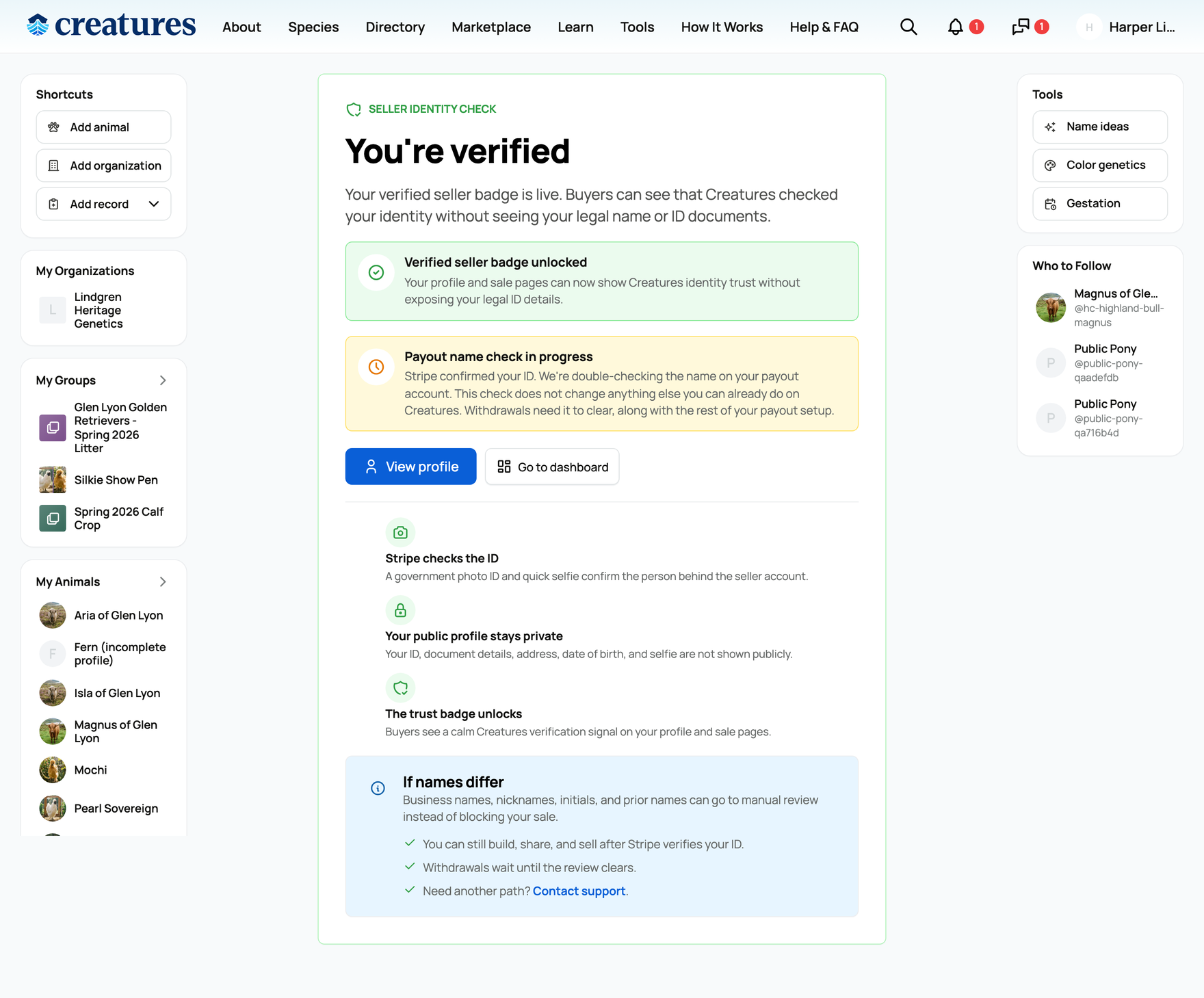 The Verify ID page showing a payout name check status