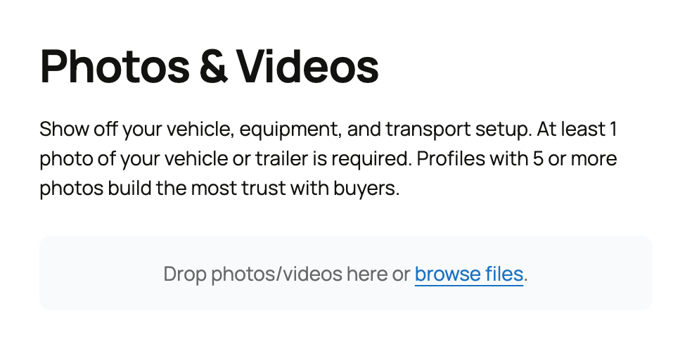 The Photos and Videos section showing that at least one setup photo is required