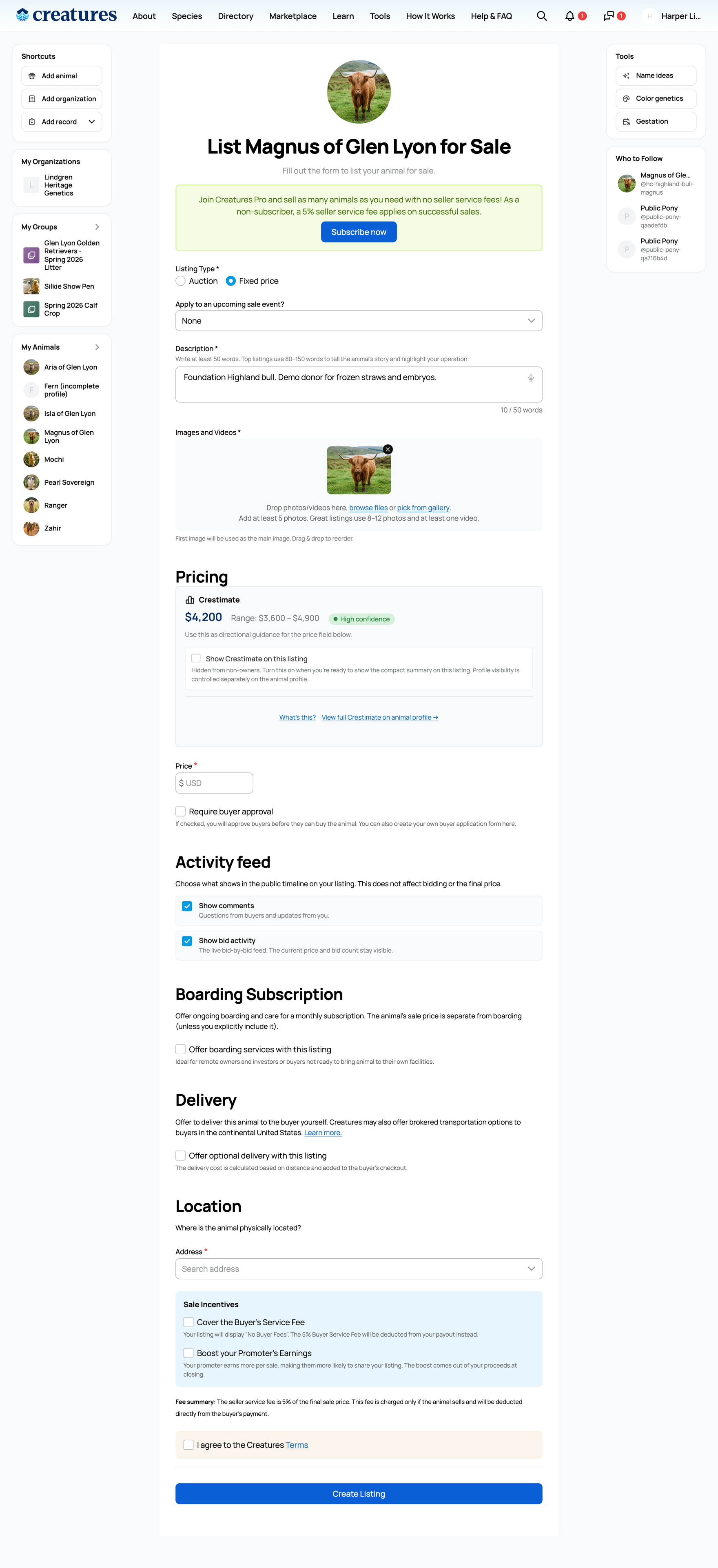 The fixed-price create-listing form
