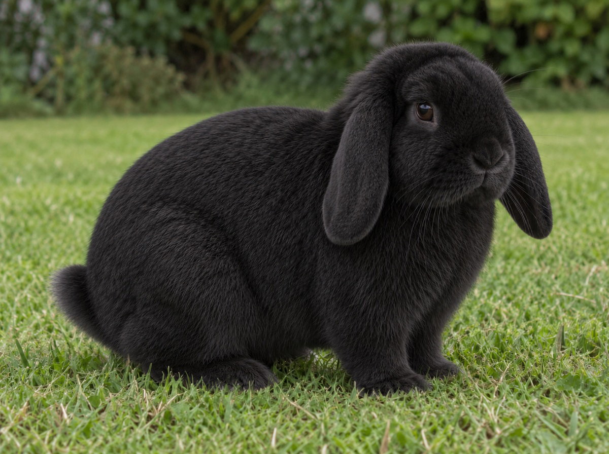 Black self Holland Lop on a plain domestic garden lawn.