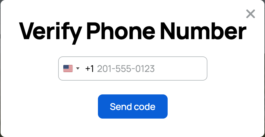 The Verify Phone Number dialog: enter your number and send a code