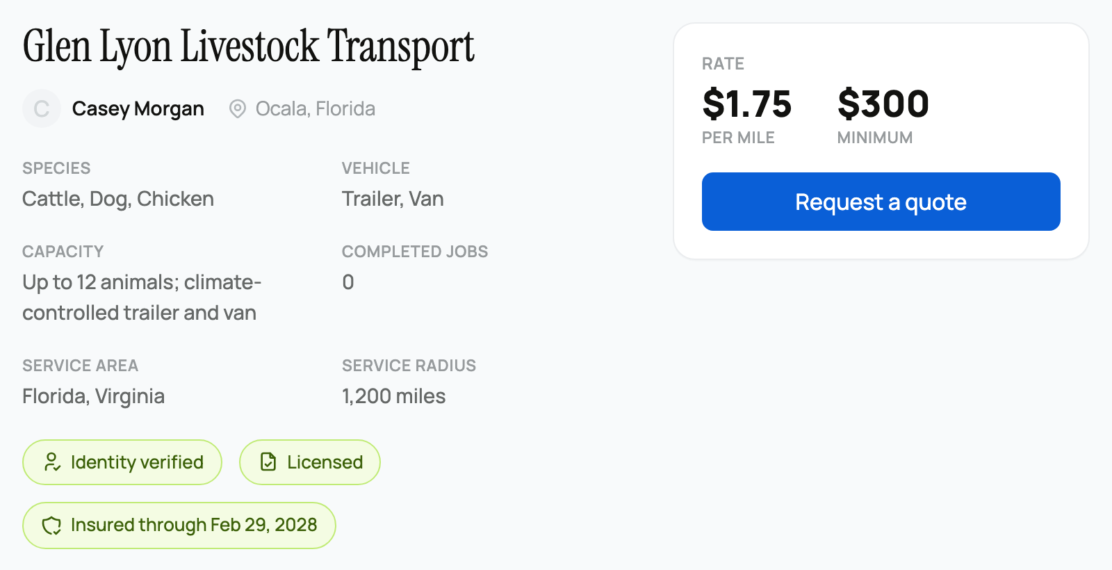 A transporter profile showing identity, license, and current insurance credentials beside Request a quote