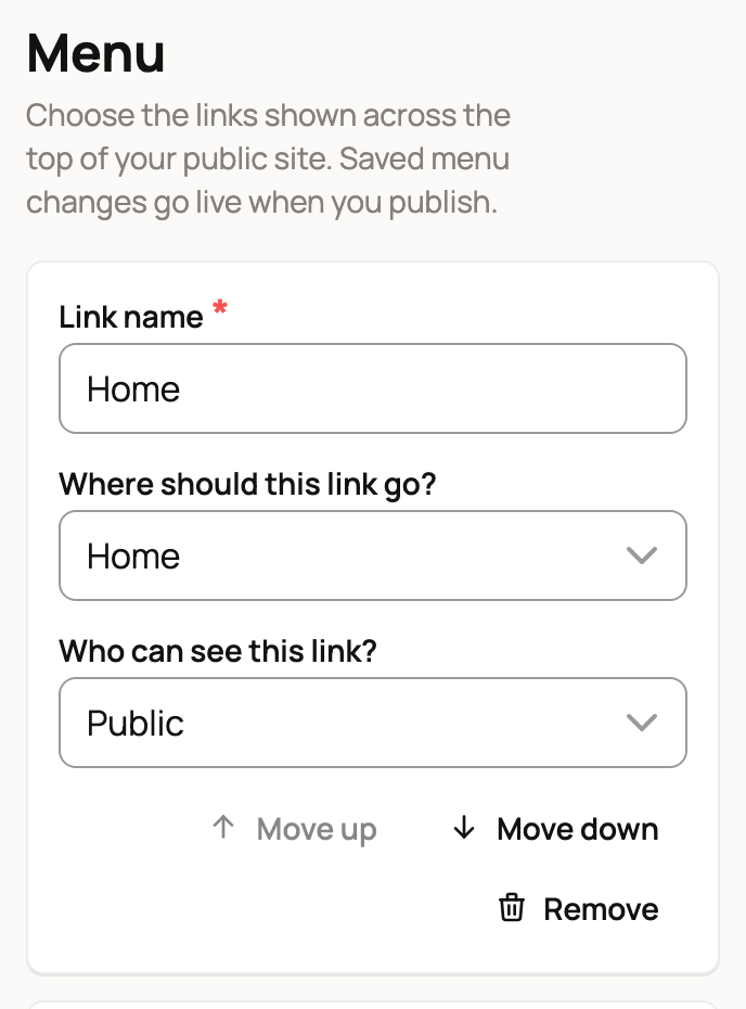 Menu tab with Link name, Where should this link go? and Who can see this link? for the Home link