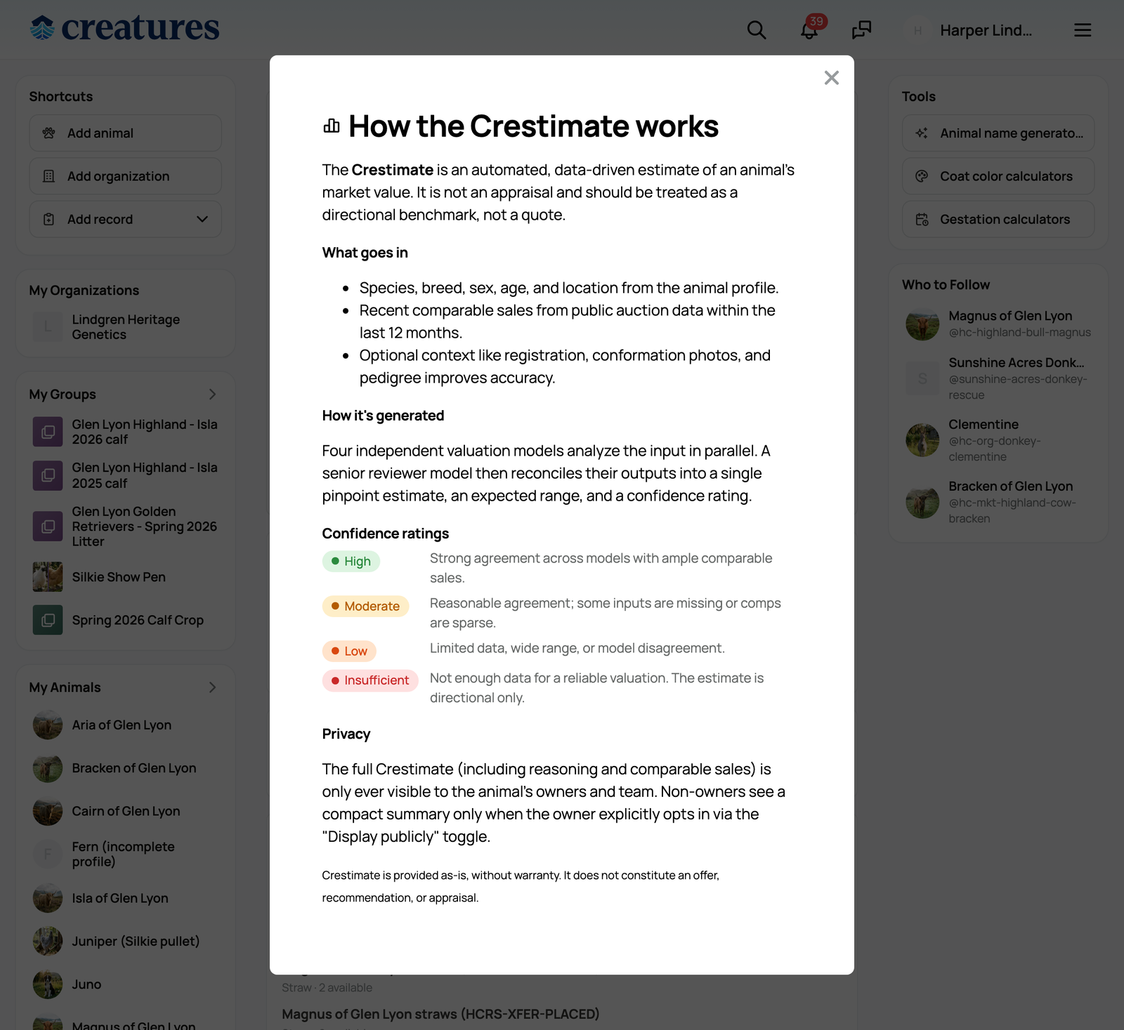 How the Crestimate works, with the inputs, the confidence ratings, and the privacy note