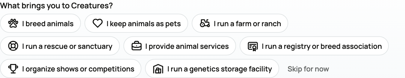 The What brings you to Creatures question with its choices
