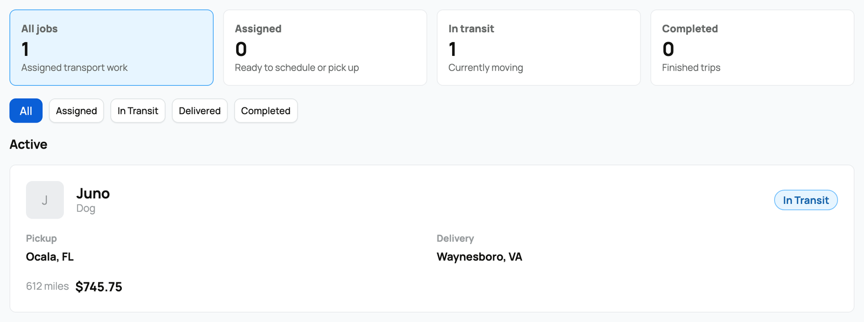 My Jobs showing Juno as an in-transit transport job