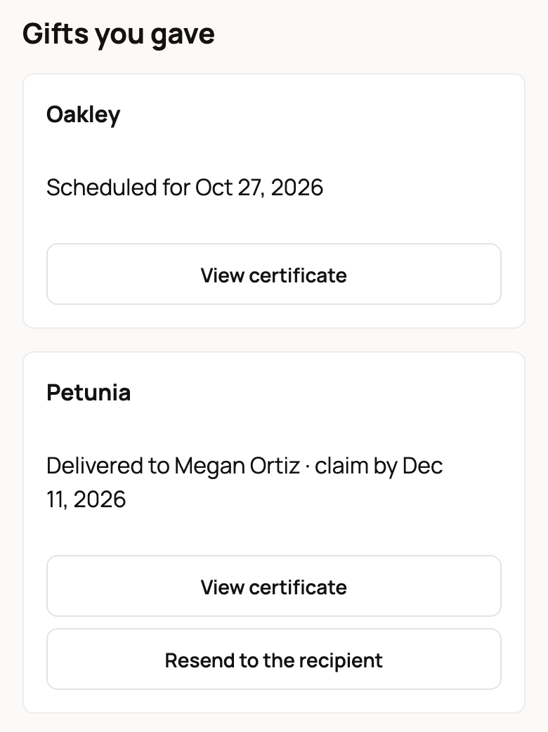 Gifts you gave list with a gift for Oakley scheduled for Oct 27, 2026 and a Petunia gift delivered to Megan Ortiz with a Resend to the recipient button