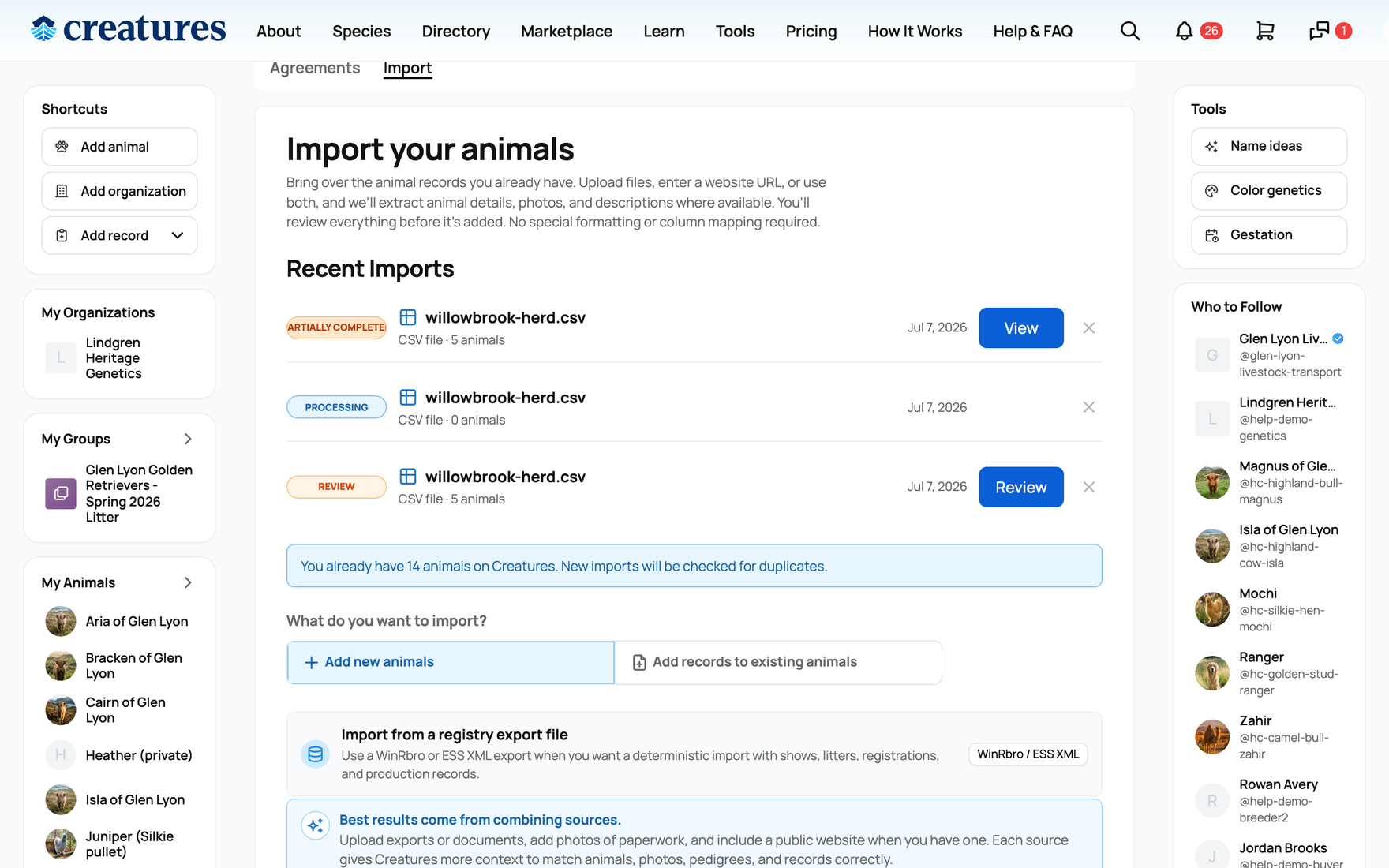 The Import upload screen: the intent toggle, the dropzone, the website URL field, and the file limits