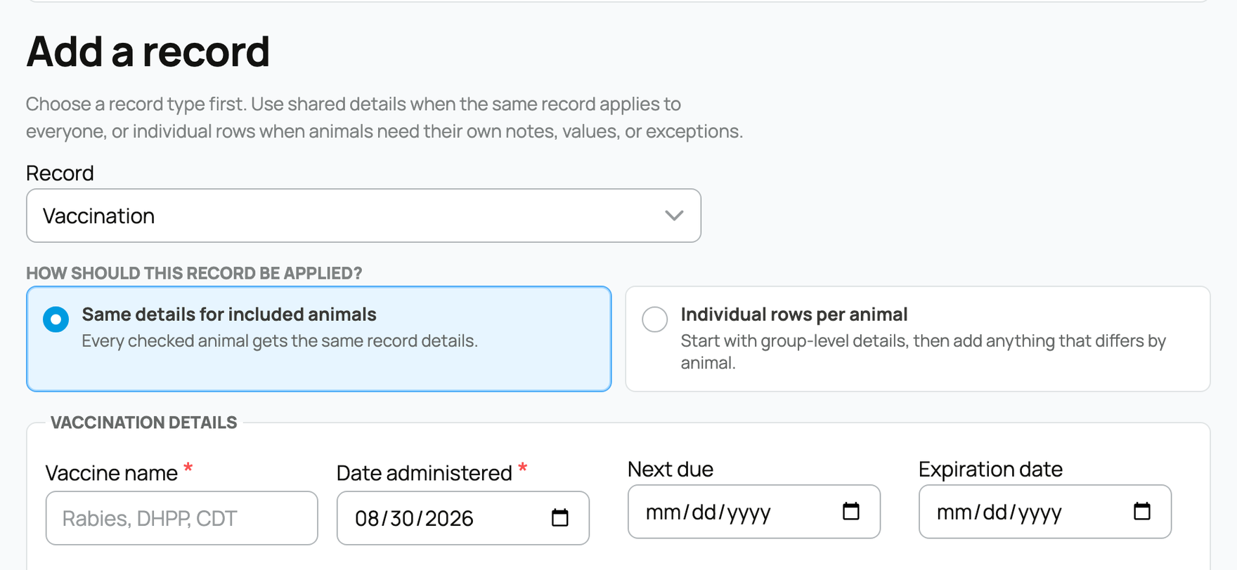Add a group vaccination with shared or individual details
