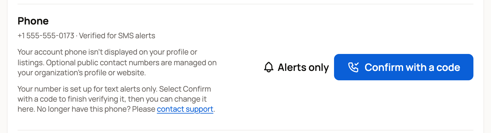 Phone row marked Alerts only, with Confirm with a code and a contact support link