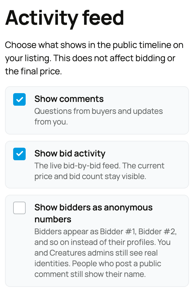 Auction activity and bidder-identity controls