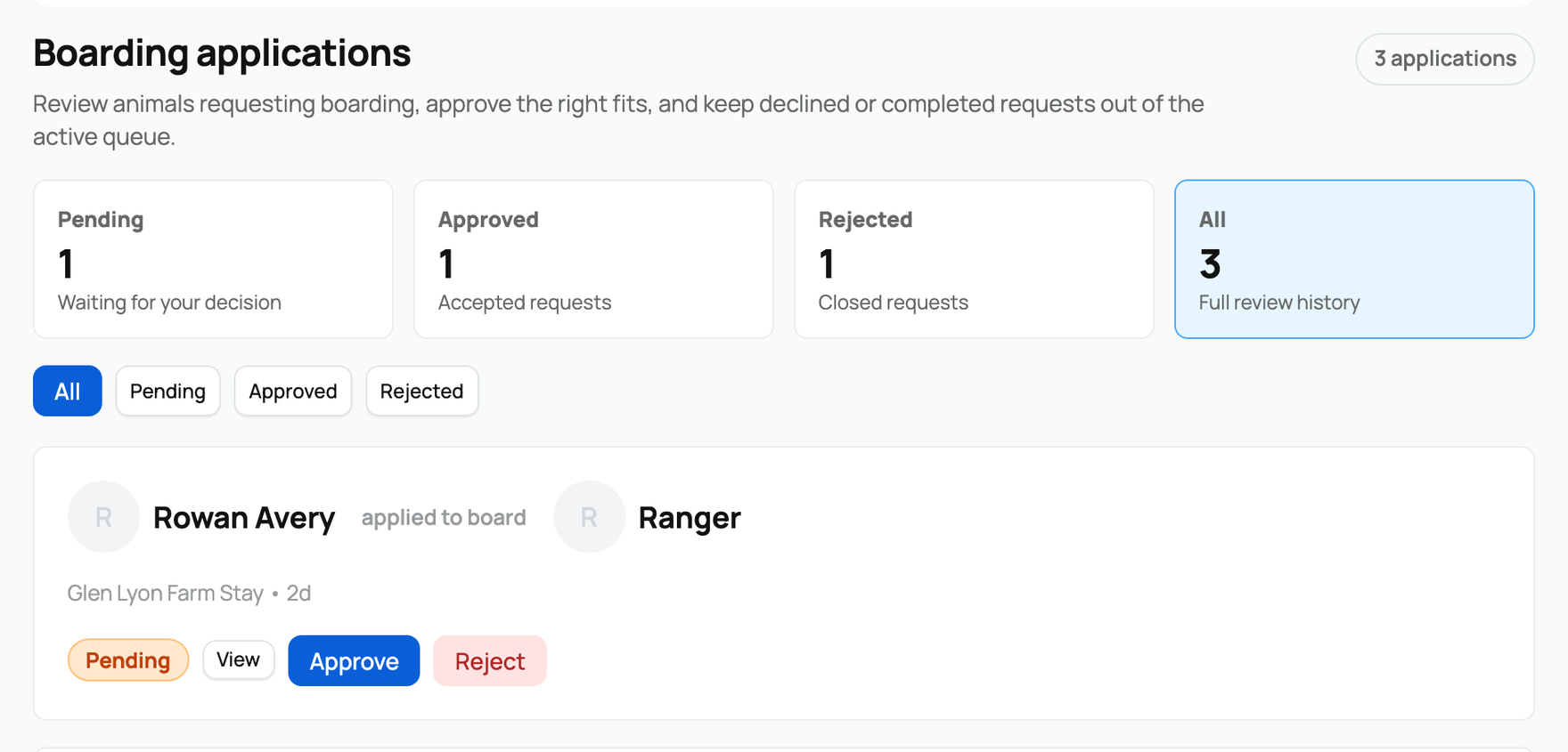 Boarding applications with pending, approved, and rejected views