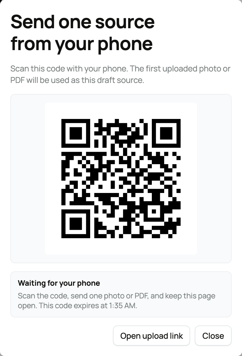Creating draft records from a document: pick the source, upload, paste, or send it from your phone, and review each draft