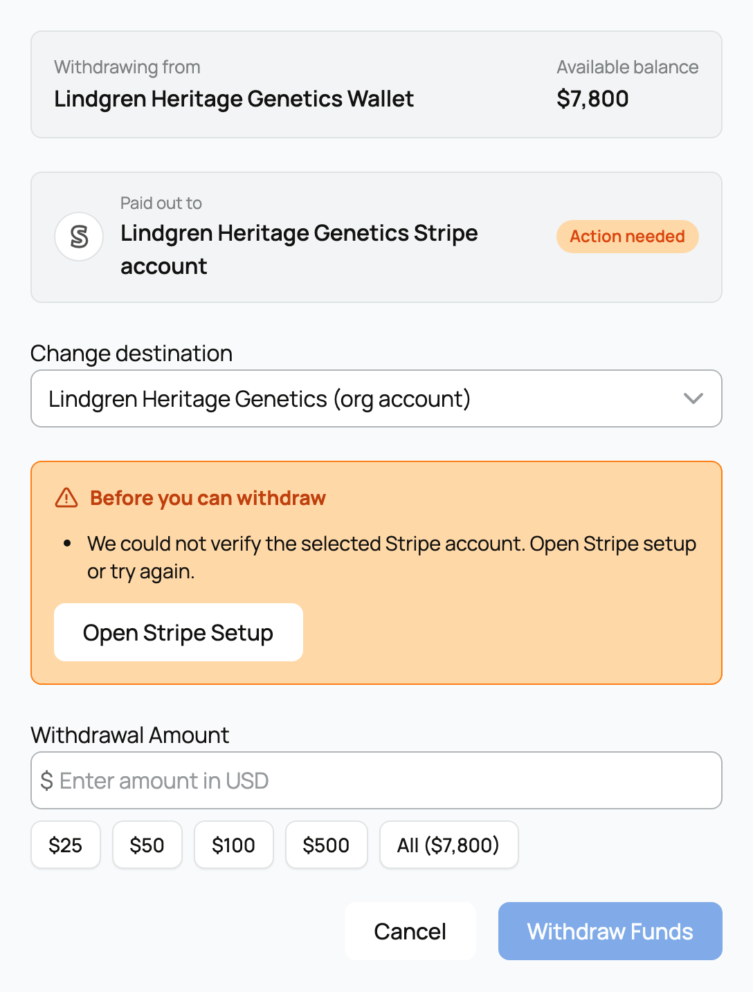 Withdrawal page showing the source Wallet, payout destination, and action-needed checks