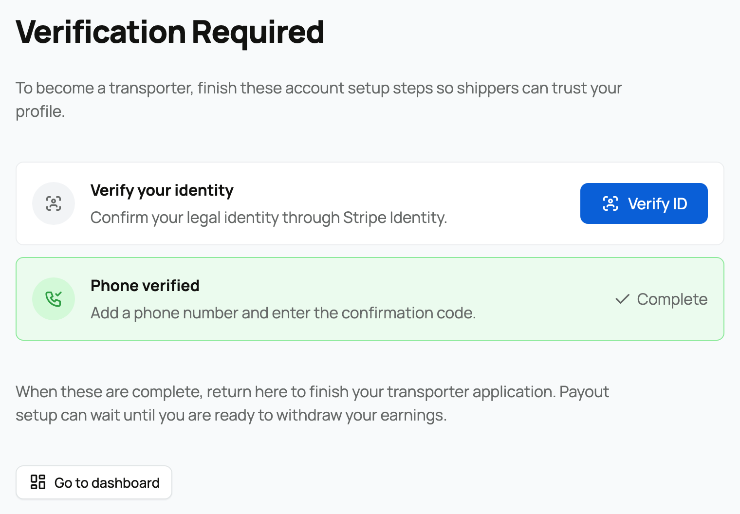 Verification checklist with identity still to verify and phone complete