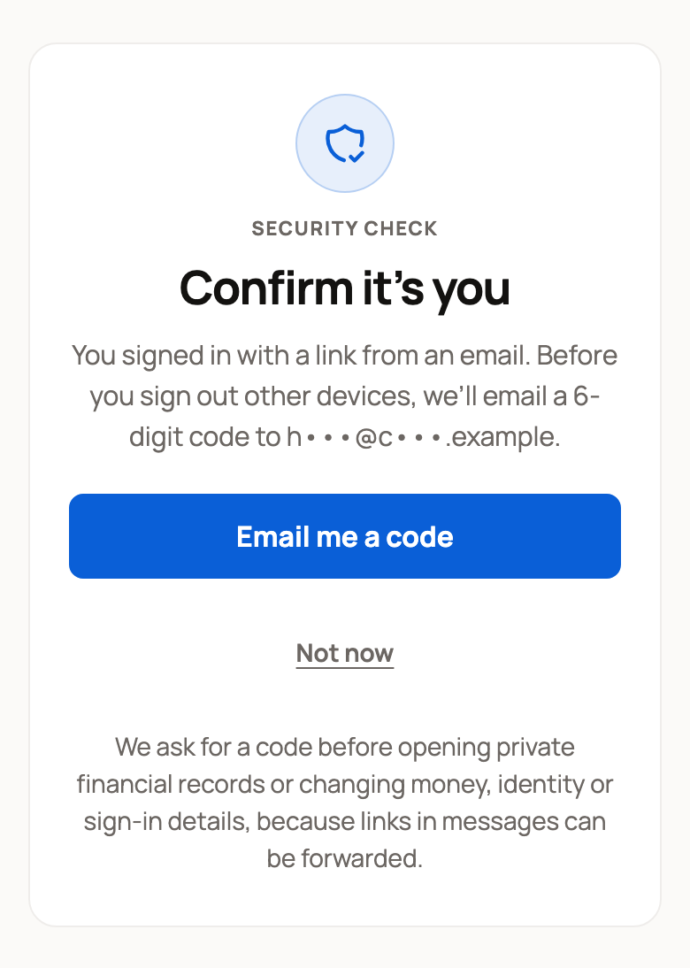 Confirm it's you page with Email me a code and Not now