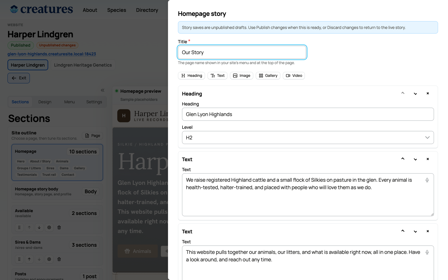 The story body block editor: Heading, Text, Image, Gallery, and Video blocks