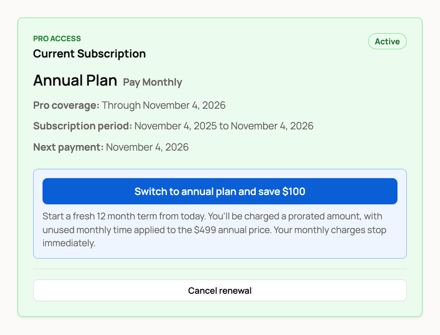 Active Annual Plan, Pay Monthly, with Switch to annual plan and save $100, how the switch is charged, and Cancel renewal