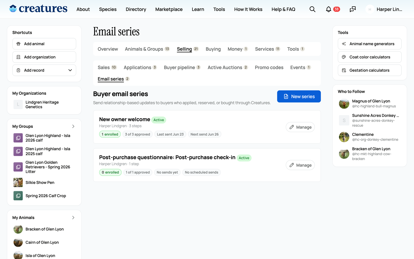 Your email series, with status, enrolled count, and approval progress