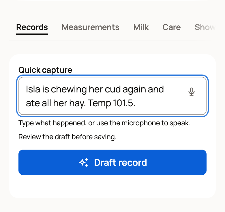Quick capture box on Isla of Glen Lyon's Records with a typed note and the Draft record button
