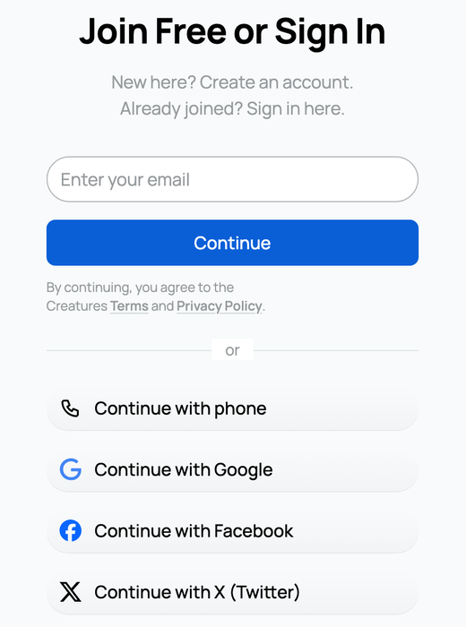 Join Free choices for email, phone, Google, Facebook, and X