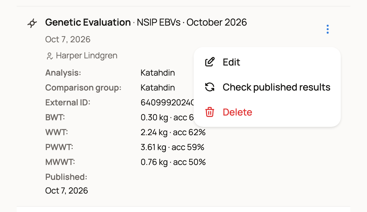 Record actions menu on an NSIP report with Edit, Check published results and Delete