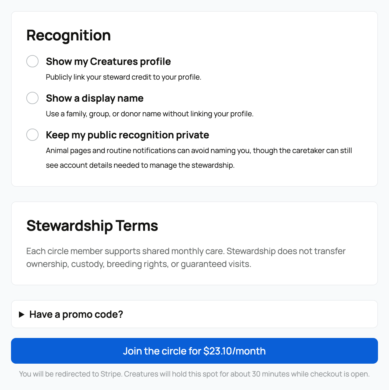 The three public recognition choices and stewardship terms