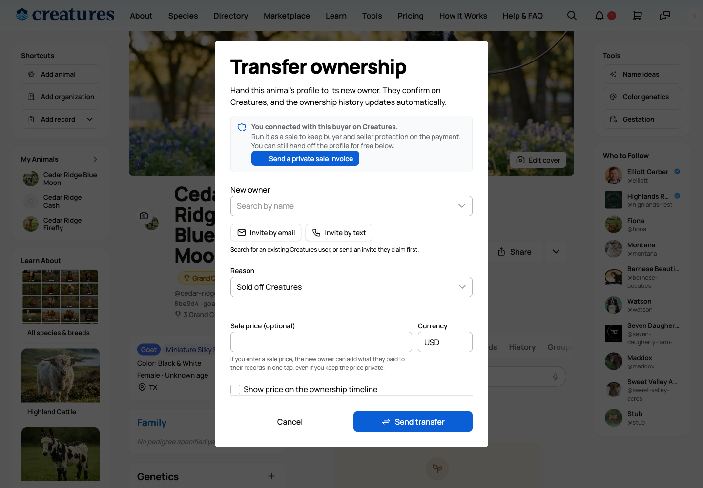 The Transfer ownership dialog: search for the new owner or invite them by email or text, choose a reason, and optionally record a sale price
